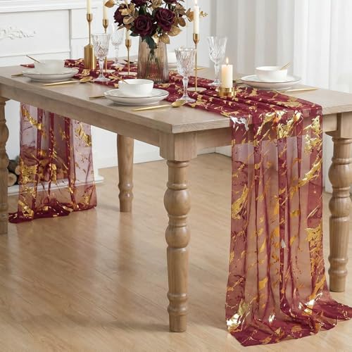 28x120 Inch Burgundy Marble Pattern Gauze Table Runner with Glitter Metallic Foil - Wedding & Party Decor