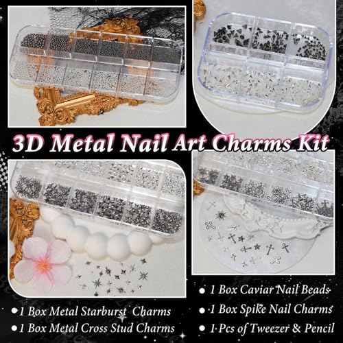 Bezztito S3 Punk Gothic Nail Art Studs Kit - Black Silver Caviar Beads & Spike Charms