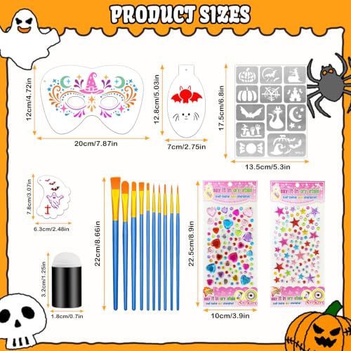 Halloween Face Paint Stencils Kit - 58pcs Makeup & Tattoo Templates, Brushes, Gems & Sponges - Halloween Variation