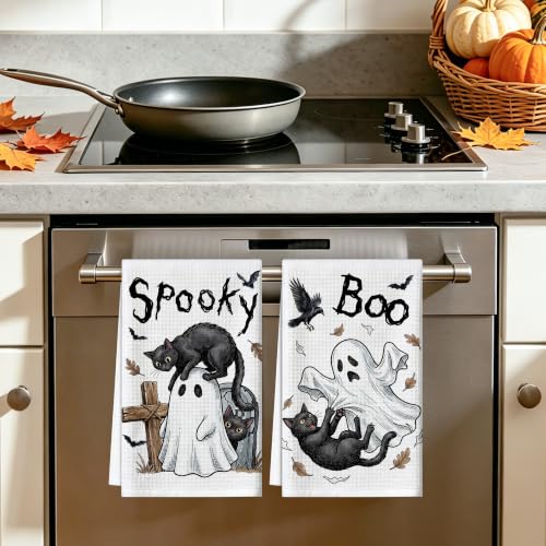 Halloween Kitchen Towels Spooky Ghost - Waffle Weave Decor & Practical Dish Cloths