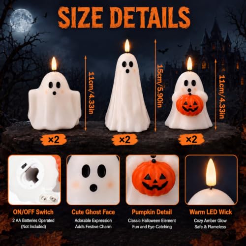 Halloween Ghost and Pumpkin Flameless Candles Set - Spooky LED Decor, 6 Pieces