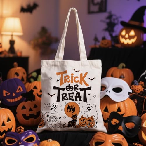 Halloween Trick Tote Bag - Reusable Canvas Ghost Candy Bag for Party & Gift