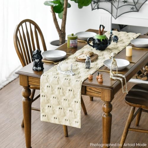 Artoid Mode Beige Faux Fur Ghost Halloween Table Runner 13x36 Inches