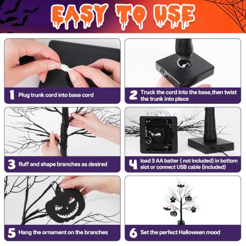 Black Halloween Tree Set with LED Lights, Ornaments & Timer - 24 Inch
