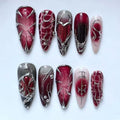 Punk Style Long Metallic Press On Nails - Irregular Lines Heart Tips Black Silver Red Gradient, 24Pcs with Glue for Women