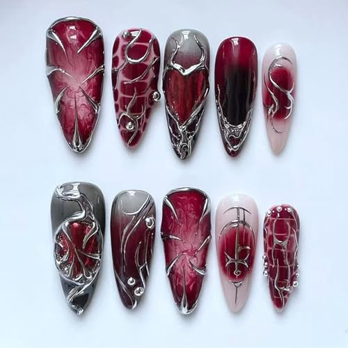 Punk Style Long Metallic Press On Nails - Irregular Lines Heart Tips Black Silver Red Gradient, 24Pcs with Glue for Women