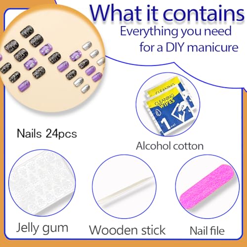 Halloween Short Press On Nails with Bat Ghost Spider Web Design - Purple 31