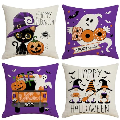 Purple Ghost Cat Halloween Throw Pillow Covers Set of 4 18x18 Style 2