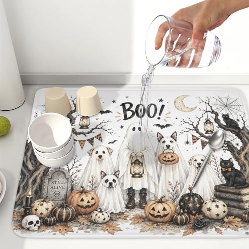 Halloween Dog Dish Drying Mat Ghost 18x24 Inch Absorbent Non-Slip