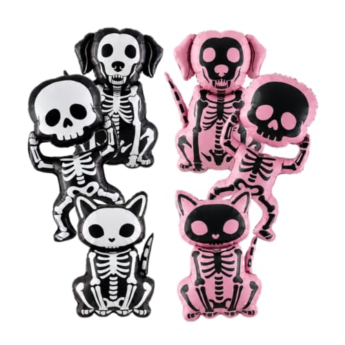 Halloween Skeleton Foil Balloons Set - 6 Black and Pink Skeleton Shape Decorations