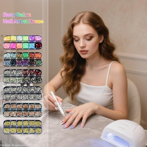 Nail Art Glitter Studs Kit with 6 Boxes, Multicolor & Design Set, 15 Sheets Gold Stickers, 3D Charms & Pickup Tools
