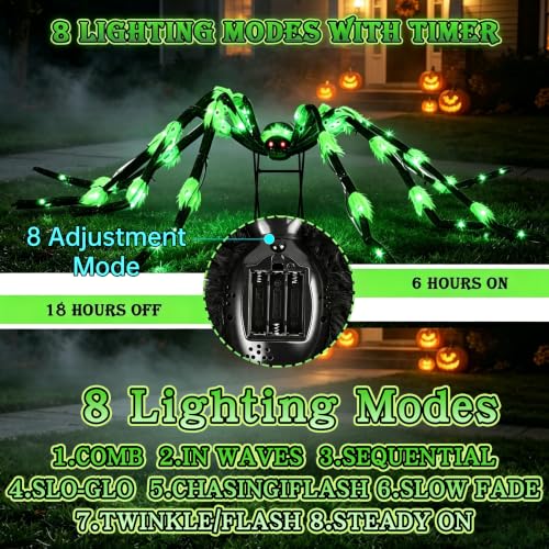 Green Light Up Halloween Giant Spider - 8 Modes, 80-Inch Wide Yard Decor