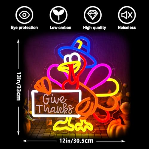 Thanksgiving Neon Sign Give Thanks Turkey Dimmable Wall Decor for Holiday Festivities