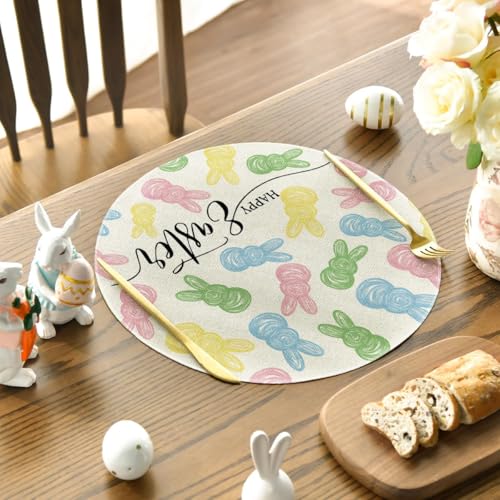 14-Inch Round Bunny Easter Placemats Set of 4 Beige Seasonal Table Decor