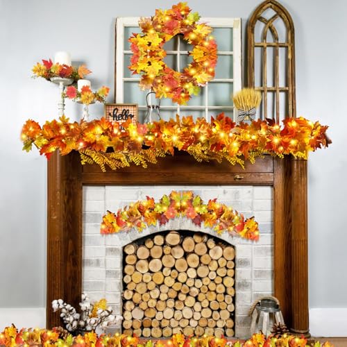 6 Pack Fall Garland with Lights - 5.9Ft Artificial Autumn Leaves Decor with LED String for Indoor Outdoor Halloween Thanksgiving