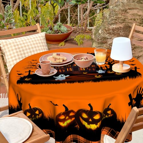 Halloween Castle Round 60 Inch Tablecloth - Pumpkin Ghost Witch Bat Fall Decor