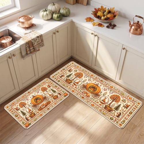 Orange Fall Pumpkin Carriage Kitchen Mat - Autumn Decor, Non-Slip, Washable