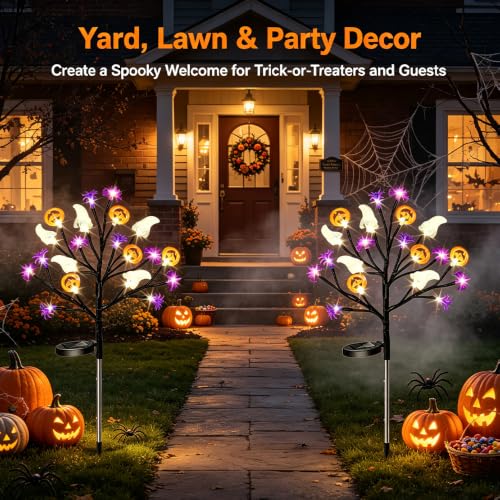Solar Halloween Pathway Lights 2-Pack Ghosts Bats Spiders Pumpkins Outdoor Decor with 8 Modes