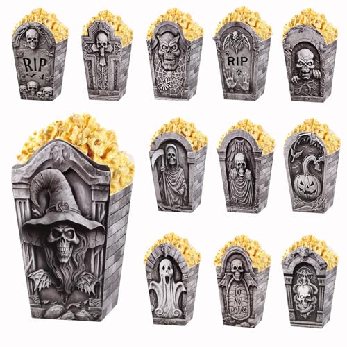 Halloween Tombstone Popcorn Boxes - 24 Black Cardboard Party Favor Containers