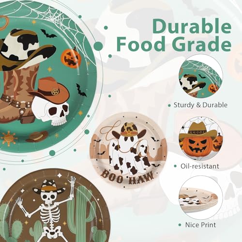 60Pcs Western Cowboy Halloween Paper Plates 9 Inch - Skeleton Ghost Pumpkin Design