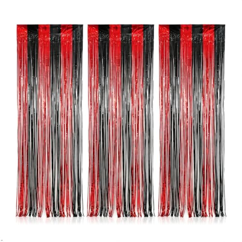 Black and Red Metallic Fringe Curtains 3 Pack - Halloween Party Backdrop