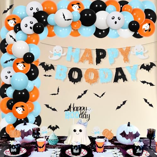 Halloween Birthday Balloon Garland Kit with Cake Toppers & Stickers for Kids Party