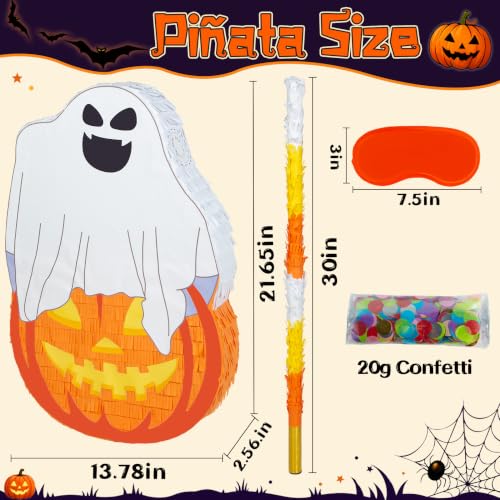 Halloween Pumpkin Ghost Piñata with Stick & Confetti - 21.6 Inch Party Game Decoration