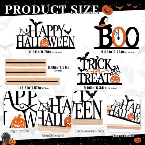 Halloween Metal Sign Set - Happy Halloween Boo Trick or Treat with Wooden Bases - 3 Pieces - Halloween Variation