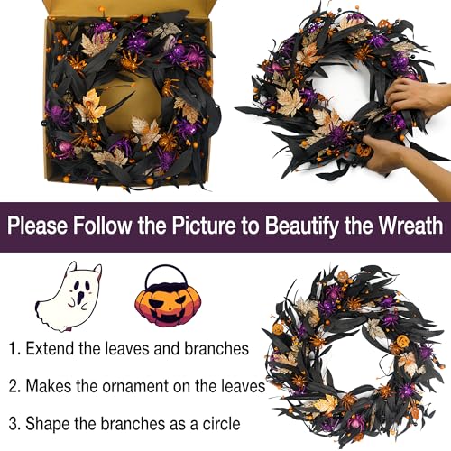 Black 20 Inch Halloween Wreath with Fall Leaves Pumpkins & Spider - Indoor Outdoor Decor