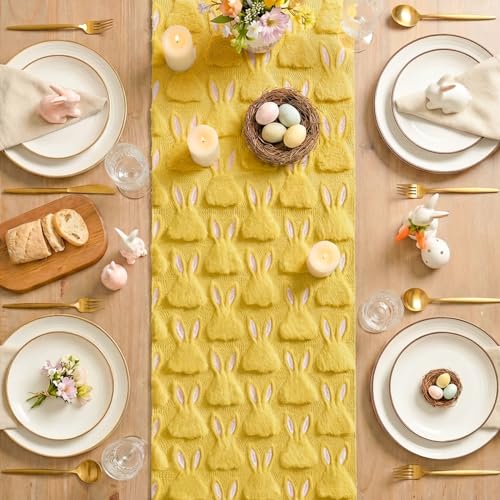 Yellow Plush Faux Fur Easter Table Runner 13x72 Inch for Spring Home Decor