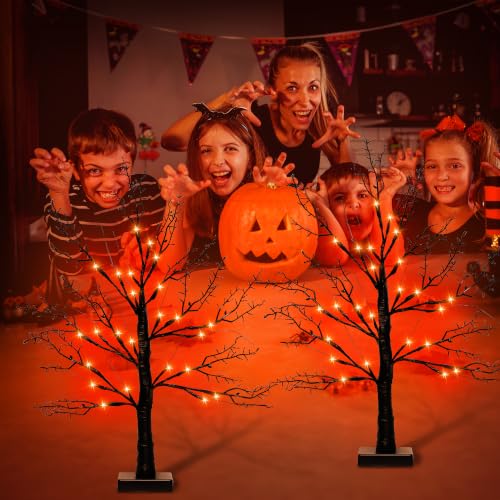 Orange Variation 2-Pack 24-Inch Black Halloween Tree with Orange Lights - Indoor Spooky Decor