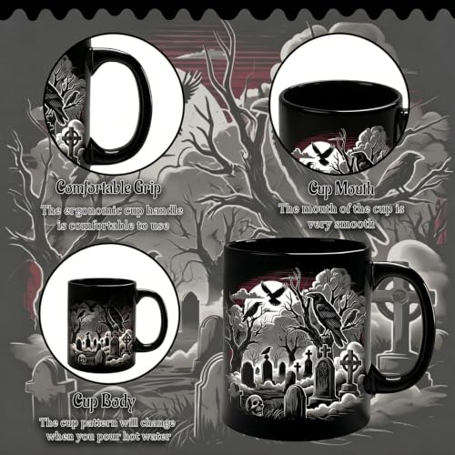 Halloween Color Changing Mug – 11oz Heat Sensitive Raven & Cemetery Coffee Cup