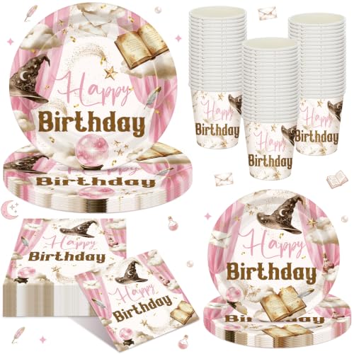 Pink Magical Wizard Birthday & Halloween Party Decorations Set - 96 Pieces with Plates Cups Napkins - Sunnychicc