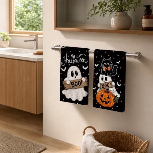 Ghost Cat Boo Kitchen Towels Set of 2 Halloween Dish Towels - Spooky Cat & Pumpkin Design
