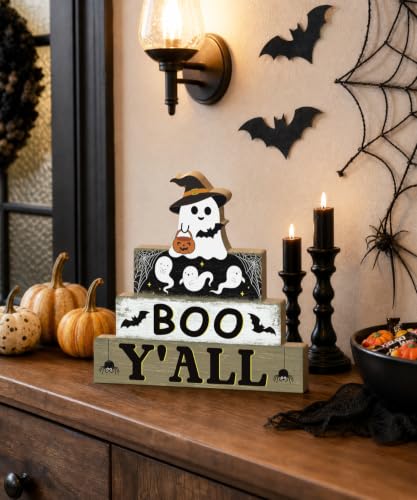 Halloween Wooden Ghost Tiered Tray Decor - Black, Cream & Brown - Putuo Decor