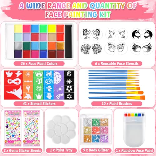 Kids Face Paint Kit with 26 Colors, Stencils, Glitter & Gems for Parties