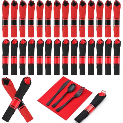 Halloween Pre Rolled Silverware Set - Black and Red Disposable Cutlery - 30 Sets