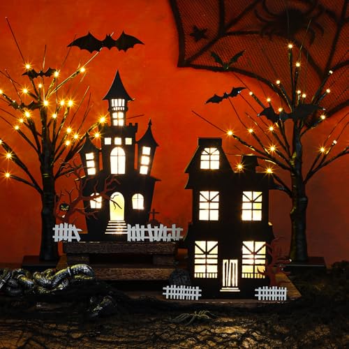 Halloween Table Decorations Set with Haunted Houses and Birch Trees - Indoor Usable