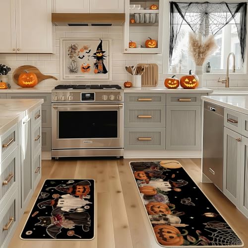Spooky Ghost Halloween Kitchen Rugs Set of 2 - 17x29 & 17x47 Inches