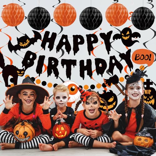 Halloween Birthday Decorations Banner Black Orange - Spooky Party Supplies