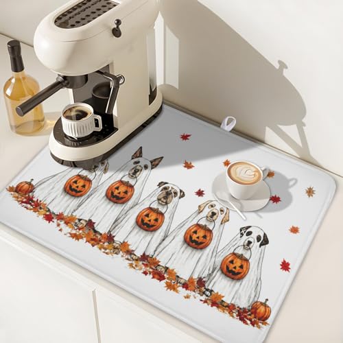 Halloween Ghost Dogs Pumpkin Dish Drying Mat - 18x24 Inch Microfiber Kitchen Counter Pad - Fall Leaves Design