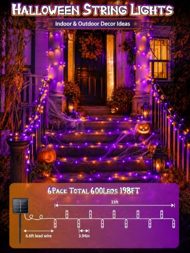 Orange and Purple Solar Halloween String Lights - 6 Pack, 198FT, 600 LED Outdoor Decor