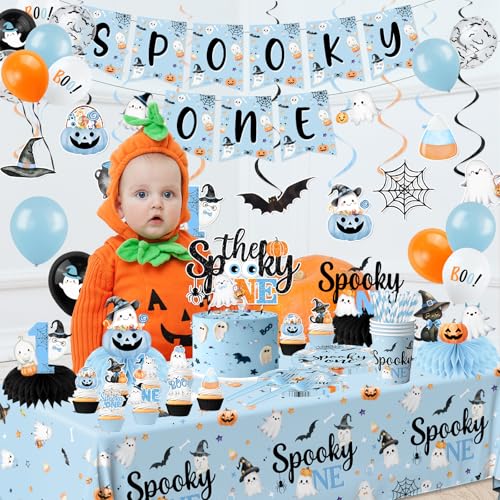 Halloween First Birthday Party Decorations Boy Blue Spooky Theme Set - Serves 24