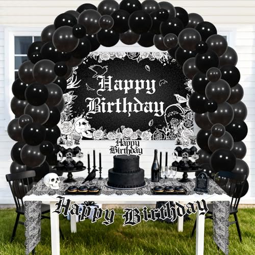Gothic Birthday Party Decorations Set - Skull Skeleton Backdrop Banner Cake Toppers
