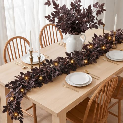 Fall Plum Garland with Lights - 6Ft Autumn Decor for Mantle & Home