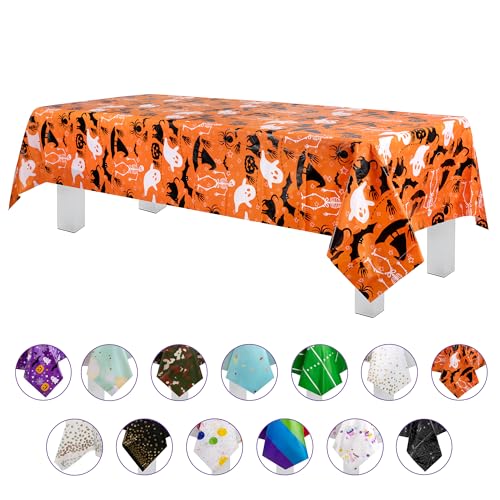 Halloween Skeleton Tablecloth 54x108 Inches Orange Disposable Rectangular Cover - 3 Pack