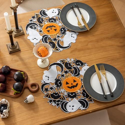 Round Halloween Spooky Placemats Set of 4 - Embroidered Pumpkins & Bats, 14 Inch, Black Gothic Table Decor