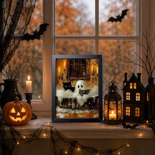 Halloween Ghost and Black Cat Wall Art - Framed 10x8 Inch Halloween Canvas Decor