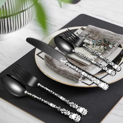 Black Halloween Skeleton Silverware Set for 4 - Gothic Skull & Flower Flatware