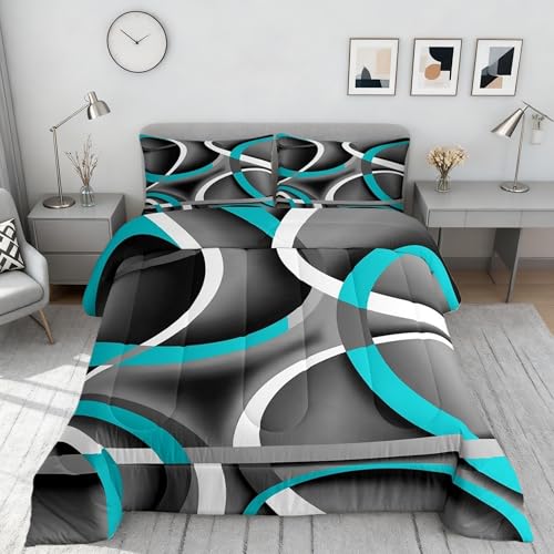 Circle 04 Queen Comforter Set Blue Gray Black Bedding with Pillowcases - Kids Bedroom Decor